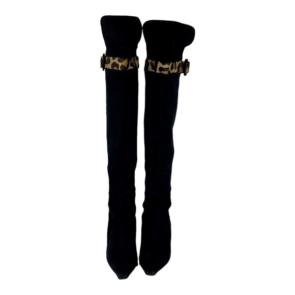 STUART WEITZMAN BLACK SUEDE KNEE HIGH STILETTO LEOPARD BOOTS VINTAGE Y2K 90s - Picture 3 of 12